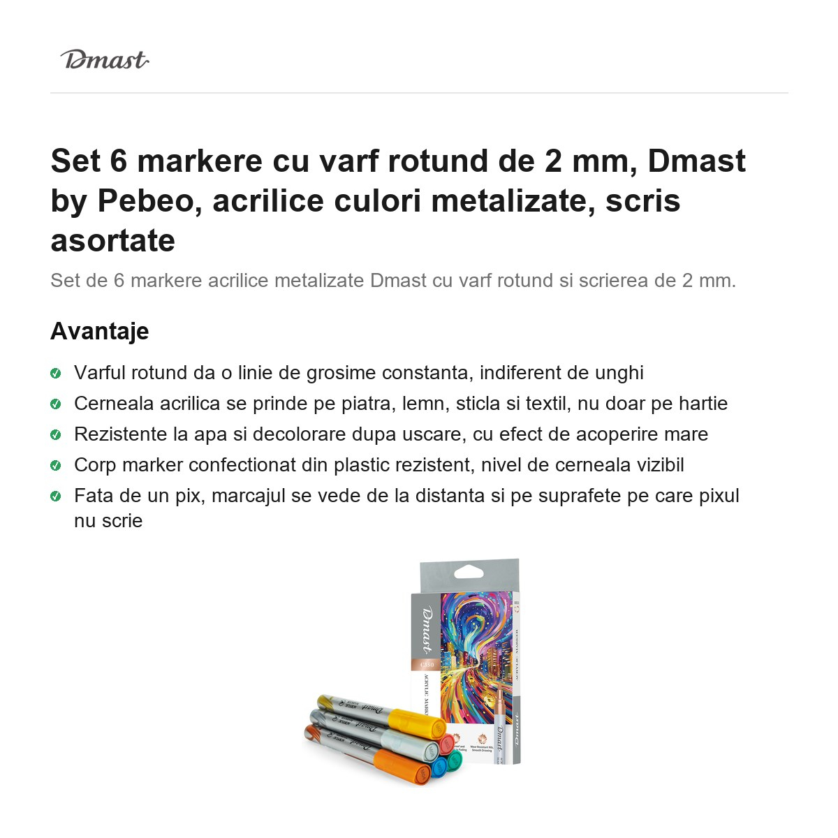 Set 6 markere cu varf rotund de 2 mm, Dmast by Pebeo, acrilice culori metalizate, scris asortate [2]