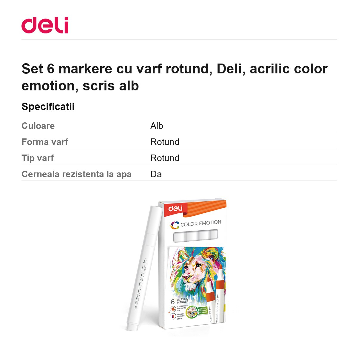 Set 6 markere cu varf rotund, Deli, acrilic color emotion, scris alb [3]