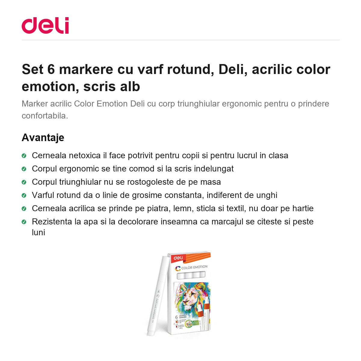 Set 6 markere cu varf rotund, Deli, acrilic color emotion, scris alb [2]