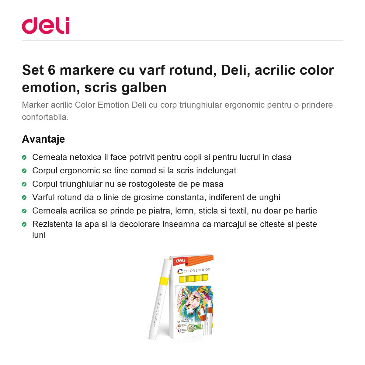 Set 6 markere cu varf rotund, Deli, acrilic color emotion, scris galben [2]