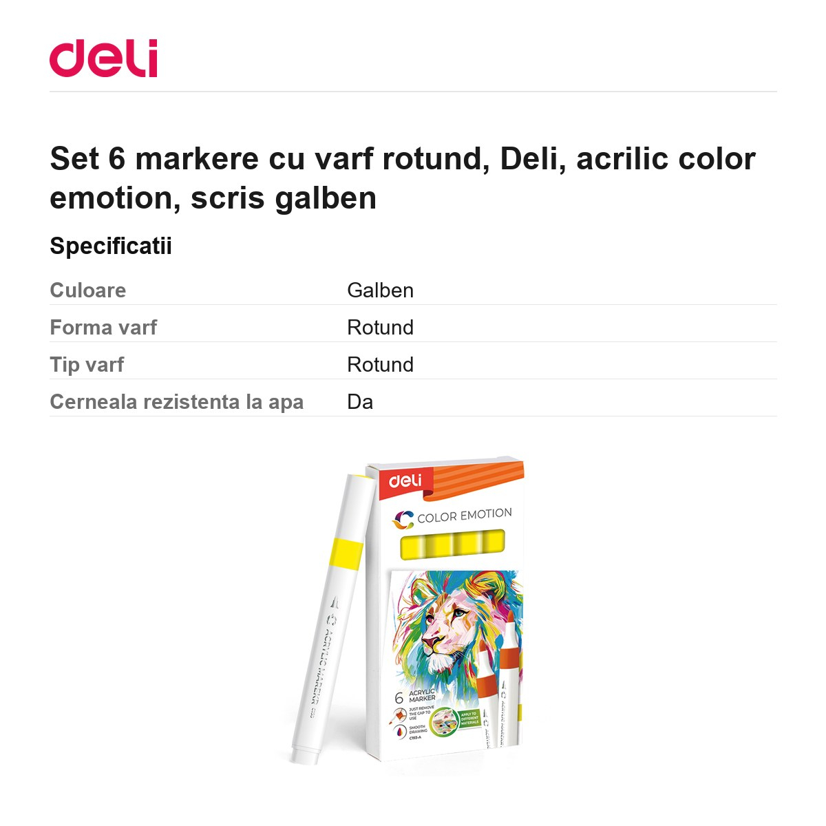 Set 6 markere cu varf rotund, Deli, acrilic color emotion, scris galben [3]