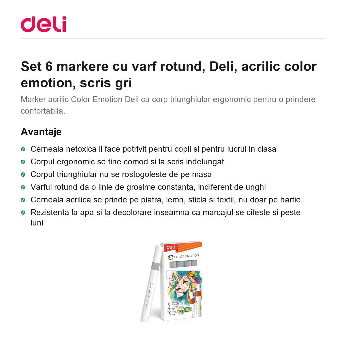 Set 6 markere cu varf rotund, Deli, acrilic color emotion, scris gri [2]