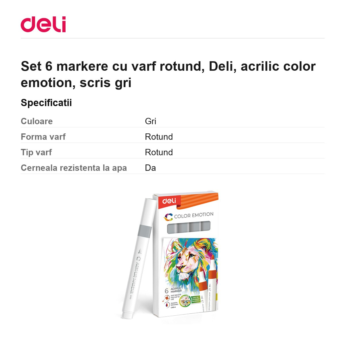 Set 6 markere cu varf rotund, Deli, acrilic color emotion, scris gri [3]