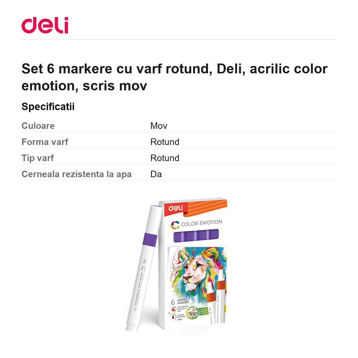 Set 6 markere cu varf rotund, Deli, acrilic color emotion, scris mov [3]