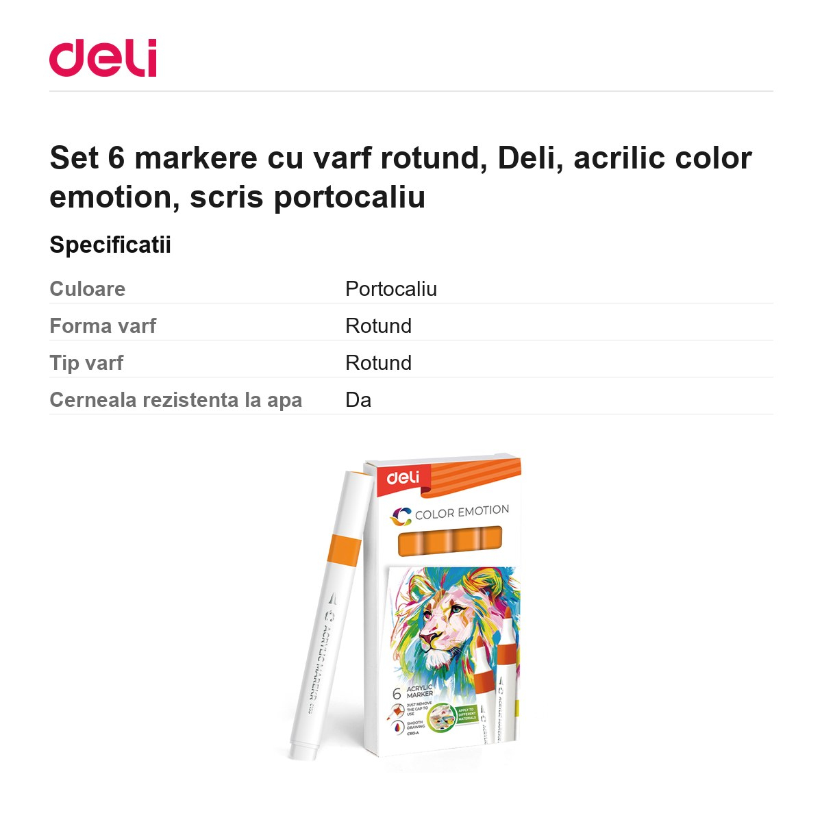 Set 6 markere cu varf rotund, Deli, acrilic color emotion, scris portocaliu [3]