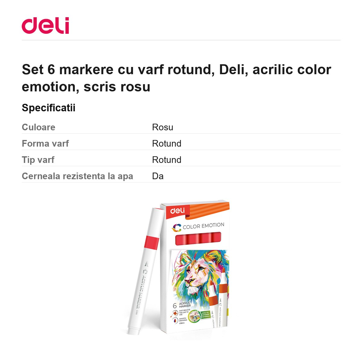 Set 6 markere cu varf rotund, Deli, acrilic color emotion, scris rosu [3]