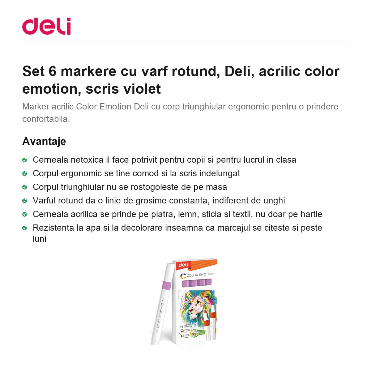 Set 6 markere cu varf rotund, Deli, acrilic color emotion, scris violet [2]