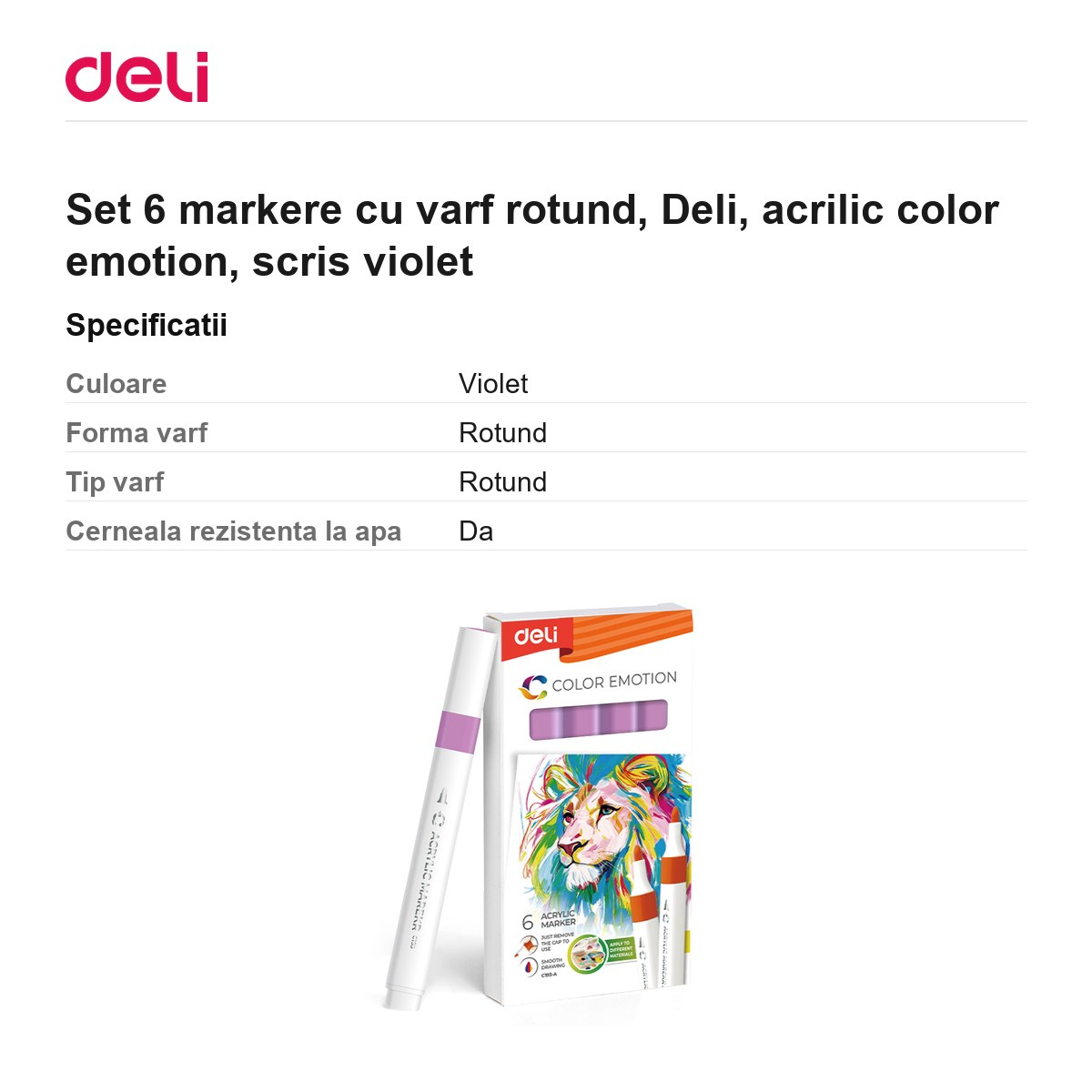 Set 6 markere cu varf rotund, Deli, acrilic color emotion, scris violet [3]