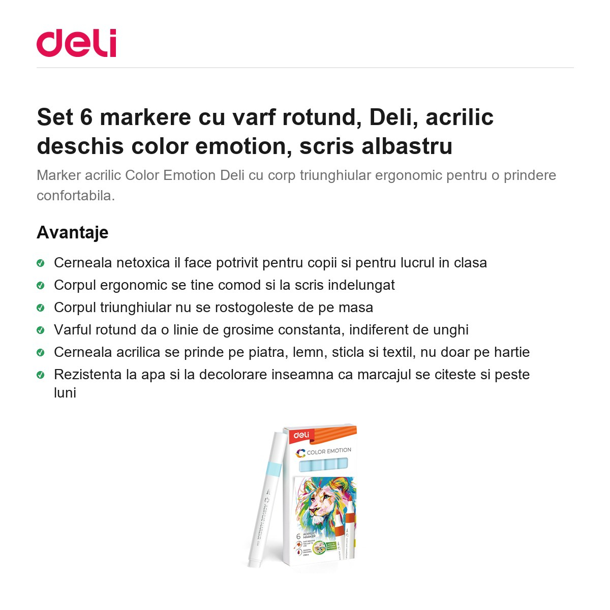 Set 6 markere cu varf rotund, Deli, acrilic deschis color emotion, scris albastru [2]