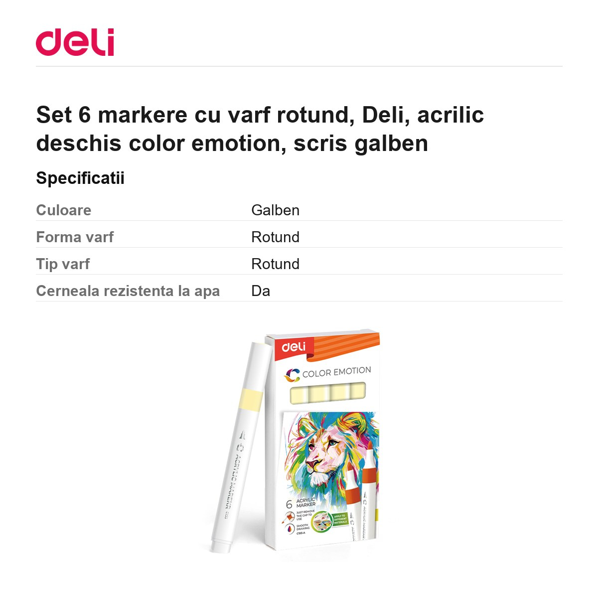 Set 6 markere cu varf rotund, Deli, acrilic deschis color emotion, scris galben [3]