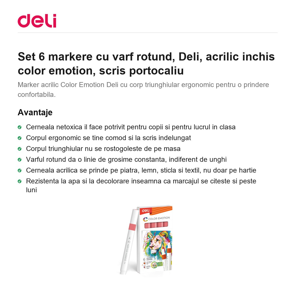 Set 6 markere cu varf rotund, Deli, acrilic inchis color emotion, scris portocaliu [2]