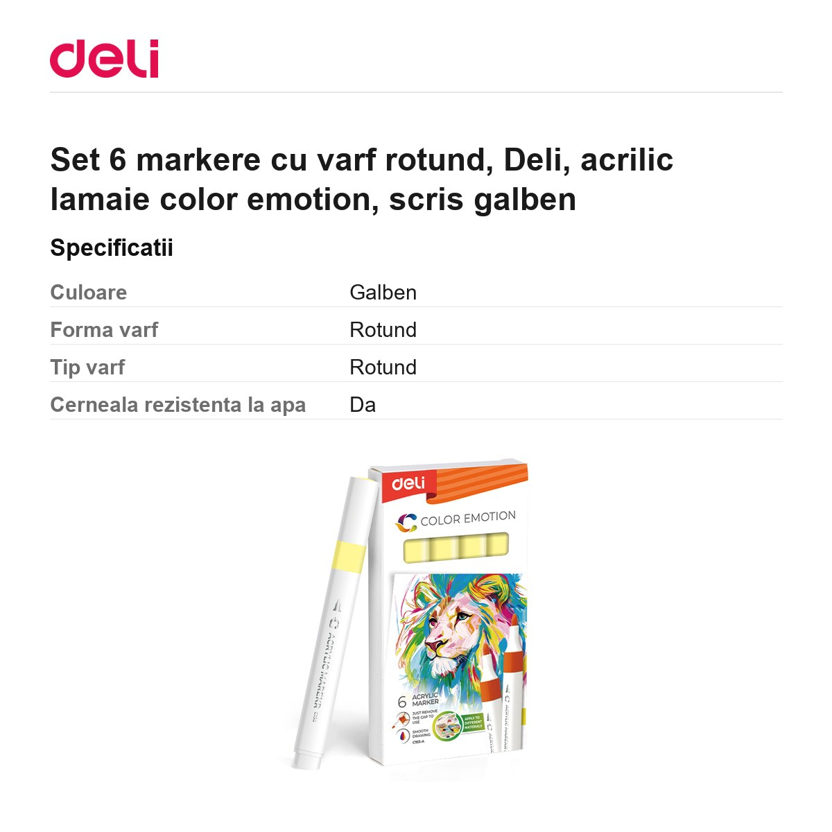 Set 6 markere cu varf rotund, Deli, acrilic lamaie color emotion, scris galben [3]