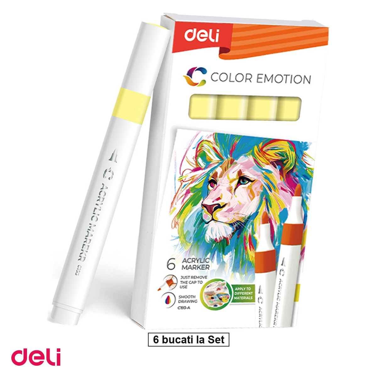 Set 6 markere cu varf rotund, Deli, acrilic lamaie color emotion, scris galben [1]