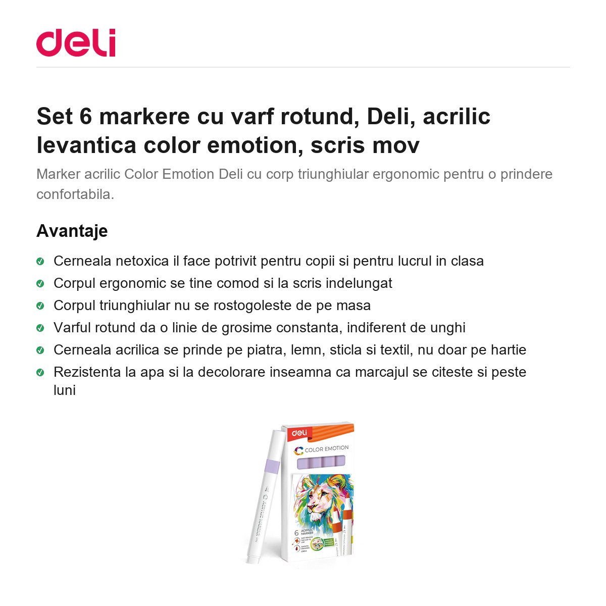 Set 6 markere cu varf rotund, Deli, acrilic levantica color emotion, scris mov [2]