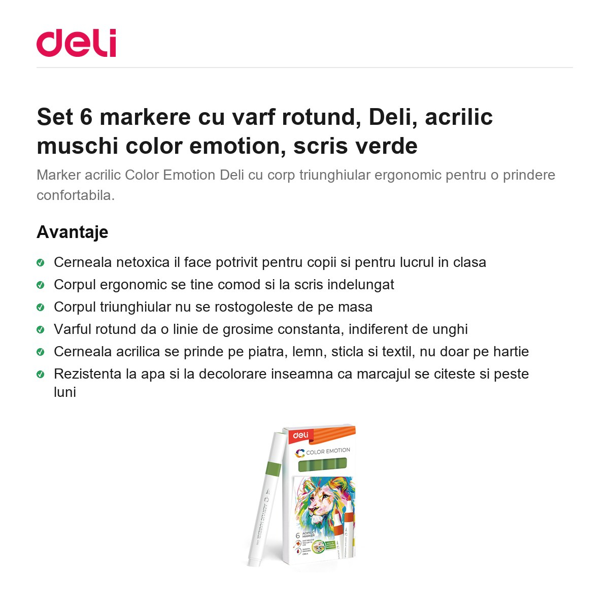Set 6 markere cu varf rotund, Deli, acrilic muschi color emotion, scris verde [2]