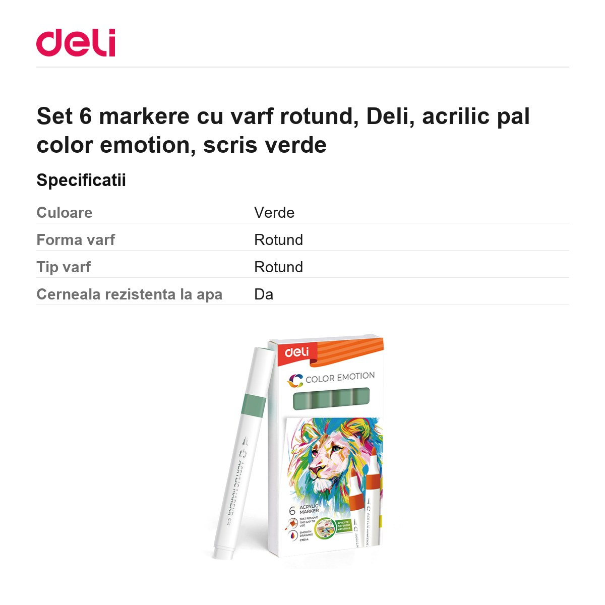 Set 6 markere cu varf rotund, Deli, acrilic pal color emotion, scris verde [3]