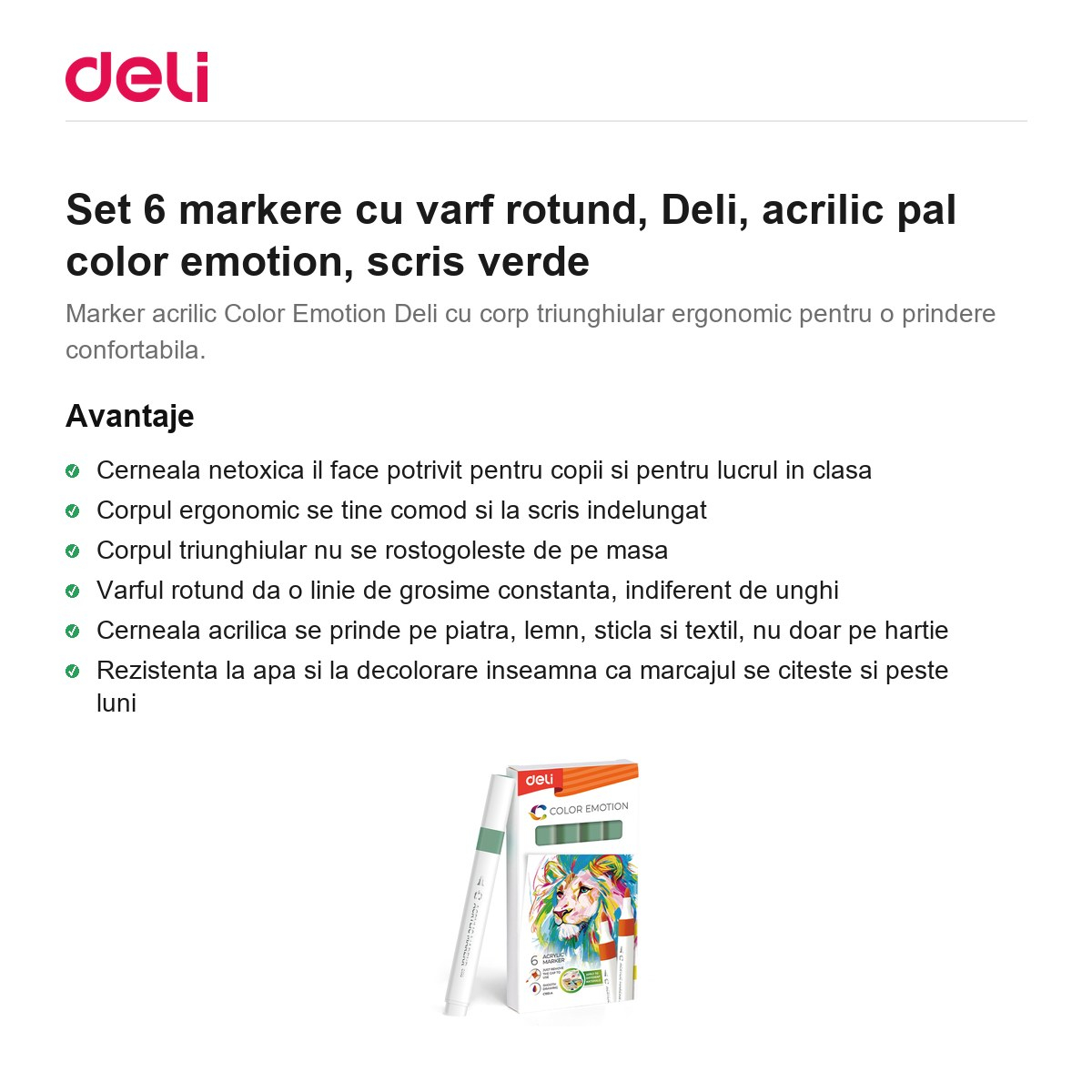 Set 6 markere cu varf rotund, Deli, acrilic pal color emotion, scris verde [2]