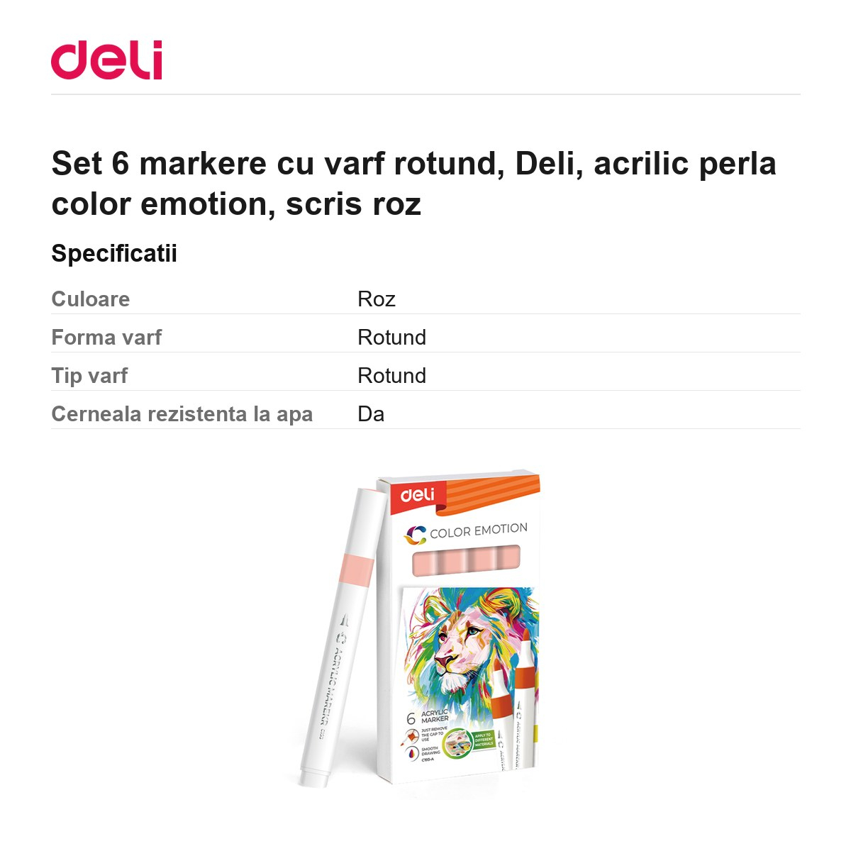 Set 6 markere cu varf rotund, Deli, acrilic perla color emotion, scris roz [3]