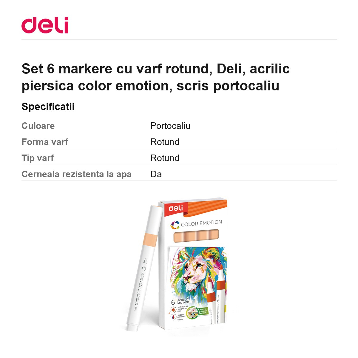 Set 6 markere cu varf rotund, Deli, acrilic piersica color emotion, scris portocaliu [3]