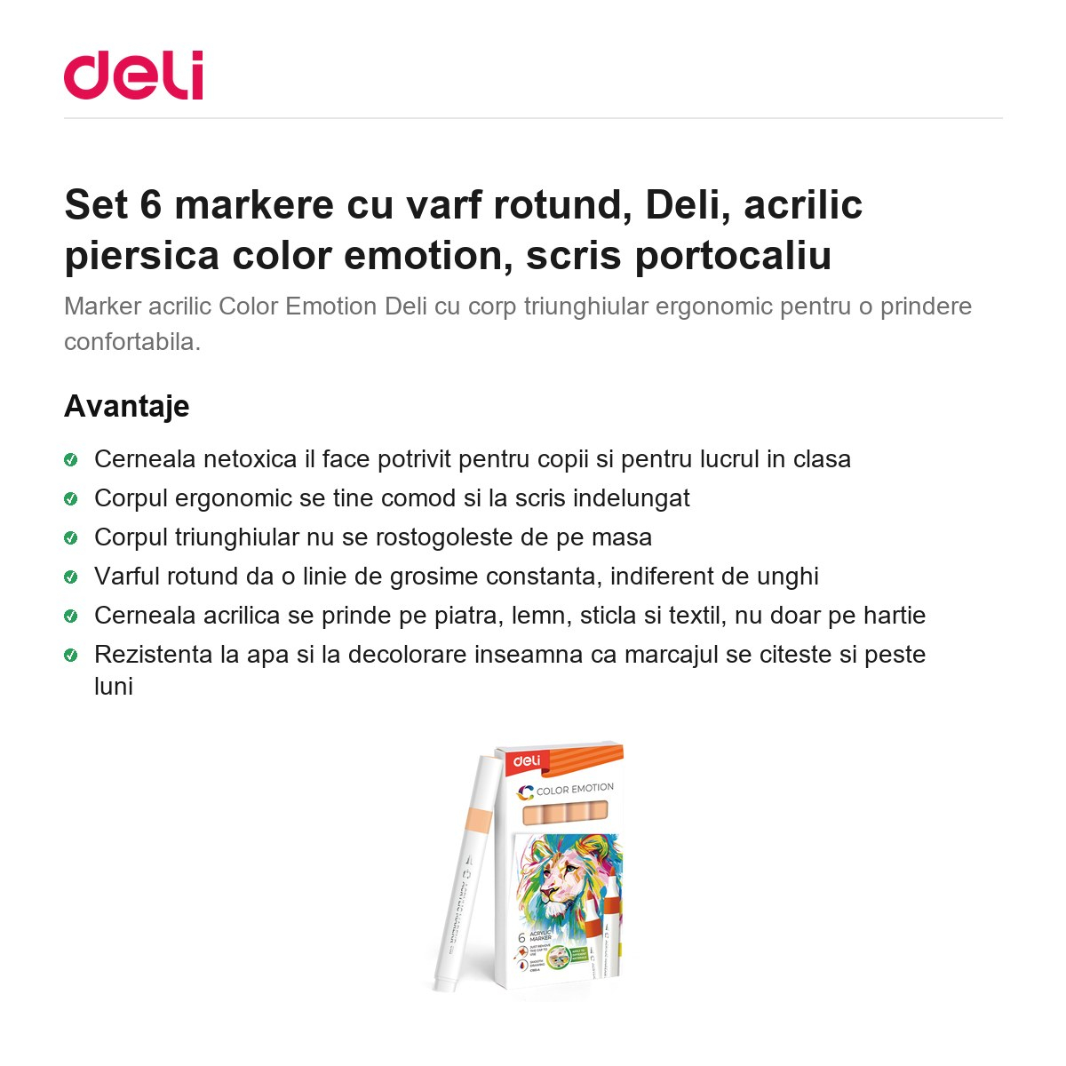 Set 6 markere cu varf rotund, Deli, acrilic piersica color emotion, scris portocaliu [2]