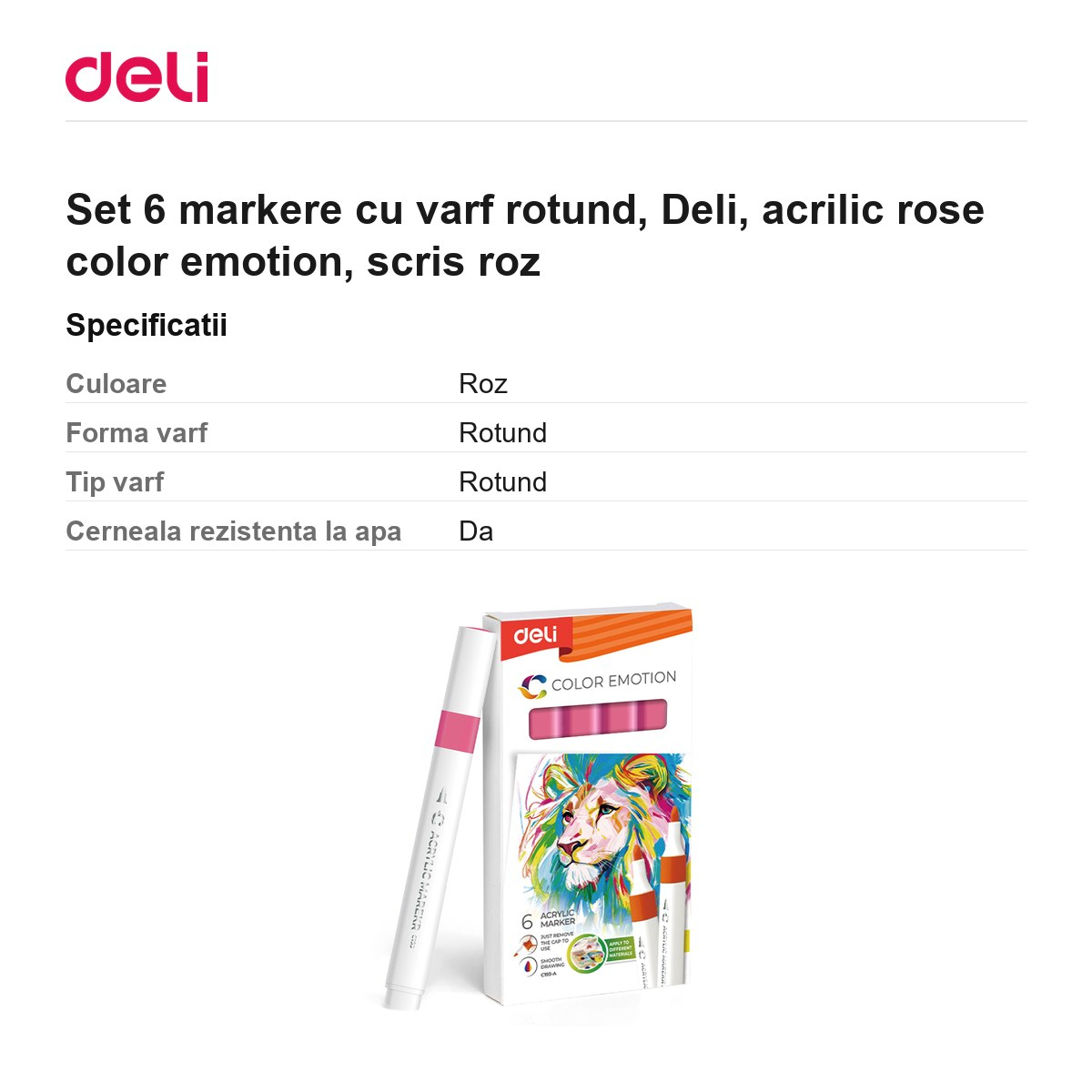 Set 6 markere cu varf rotund, Deli, acrilic rose color emotion, scris roz [3]