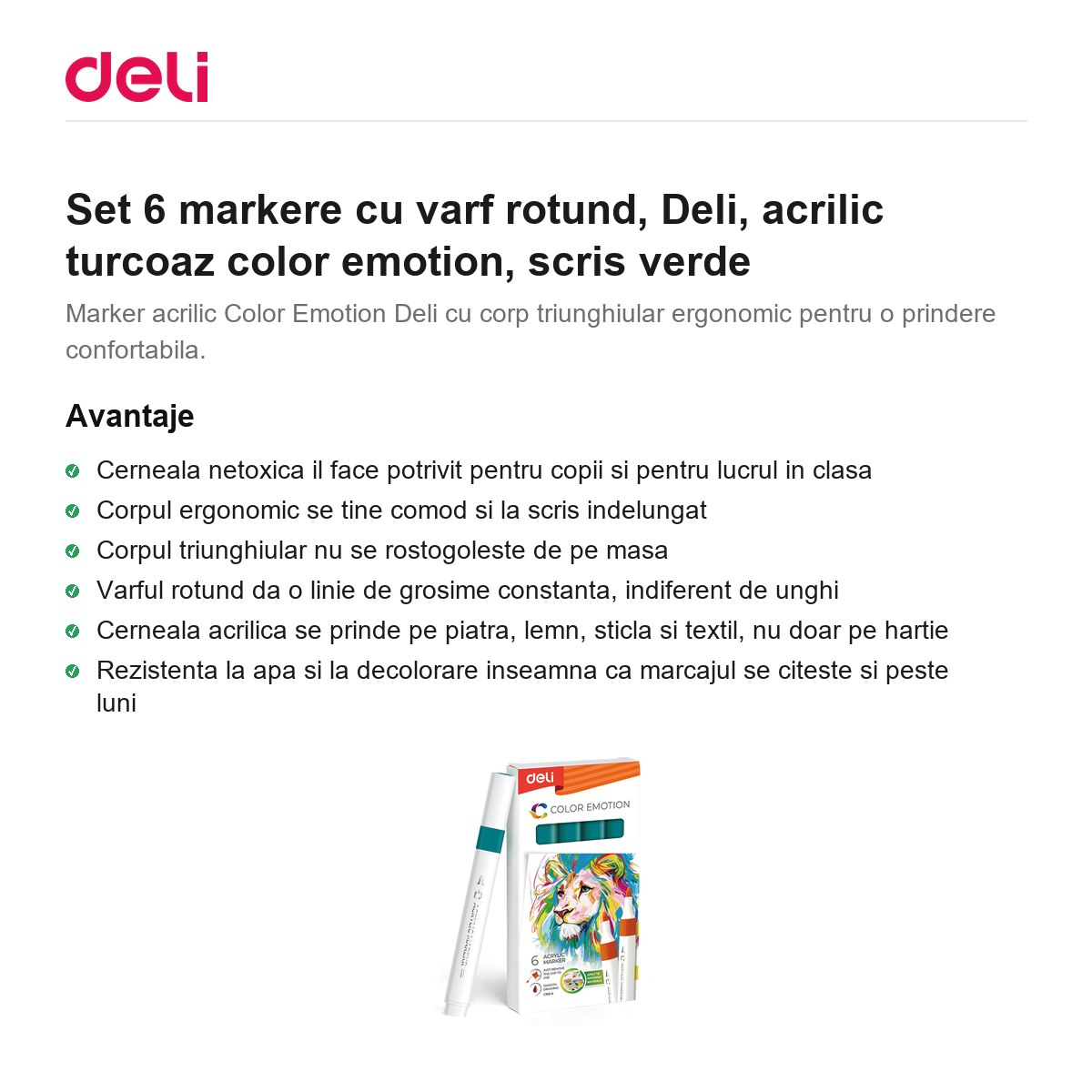 Set 6 markere cu varf rotund, Deli, acrilic turcoaz color emotion, scris verde [2]
