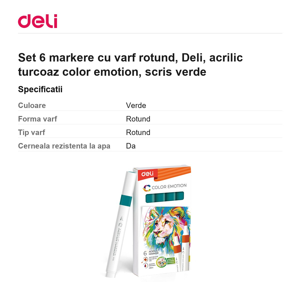Set 6 markere cu varf rotund, Deli, acrilic turcoaz color emotion, scris verde [3]