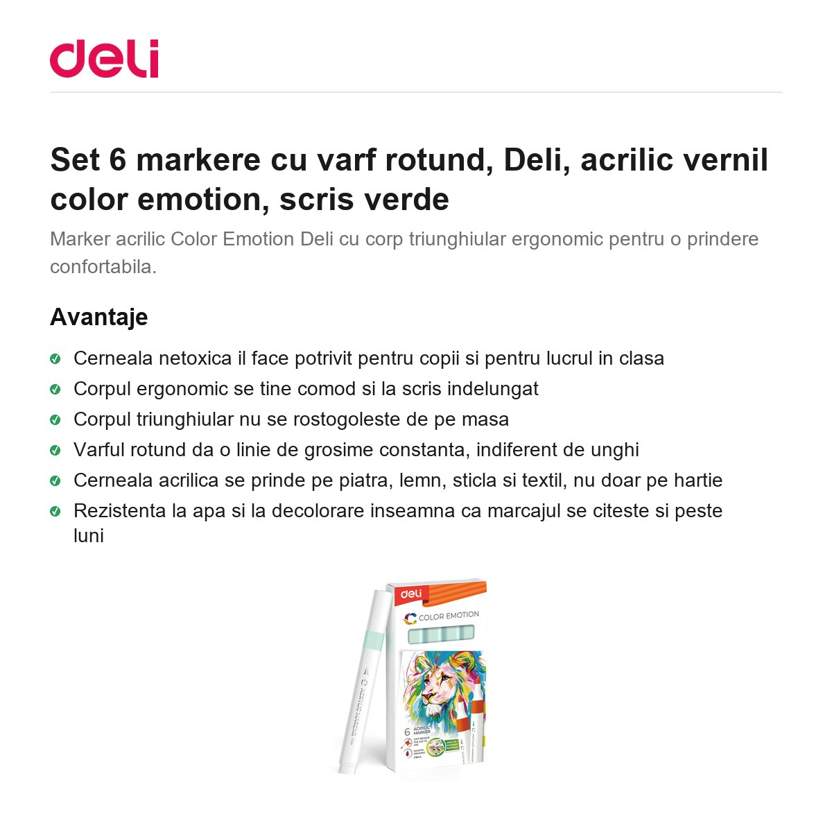 Set 6 markere cu varf rotund, Deli, acrilic vernil color emotion, scris verde [2]