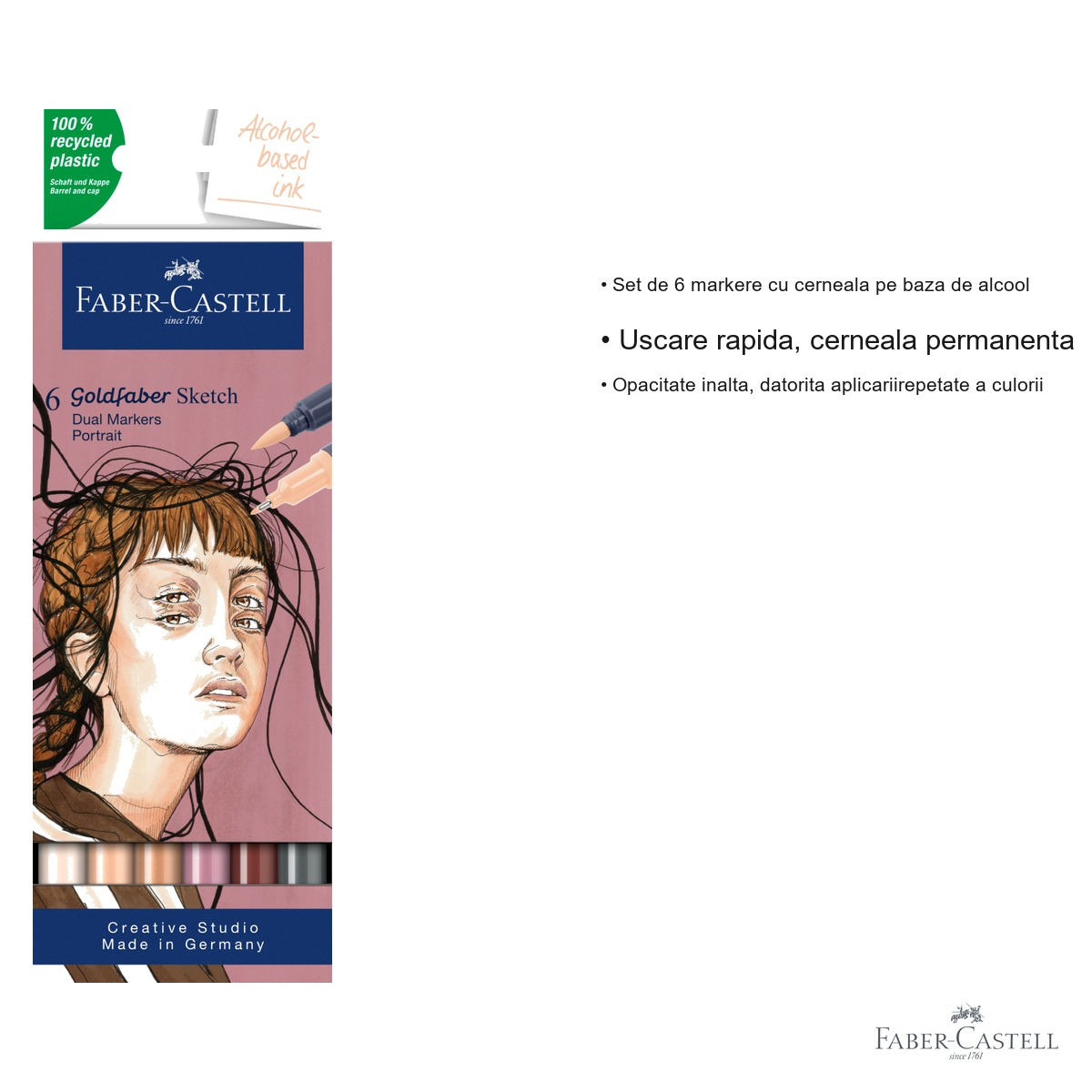 Set 6 markere sketch cu 2 capete Faber-Castell Goldfaber, cerneala alcool, portret, pentru desen artistic [3]
