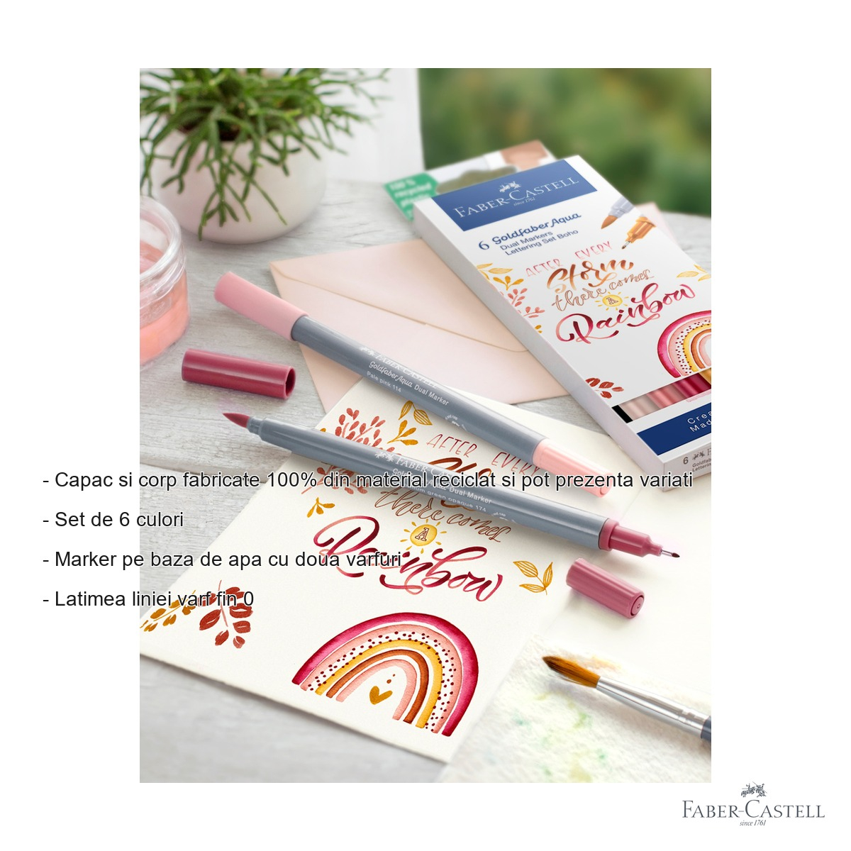 Set 6 markere solubile cu 2 capete Faber-Castell Goldfaber Boho, varf pensula si varf fin, pentru desen si ilustratie [2]