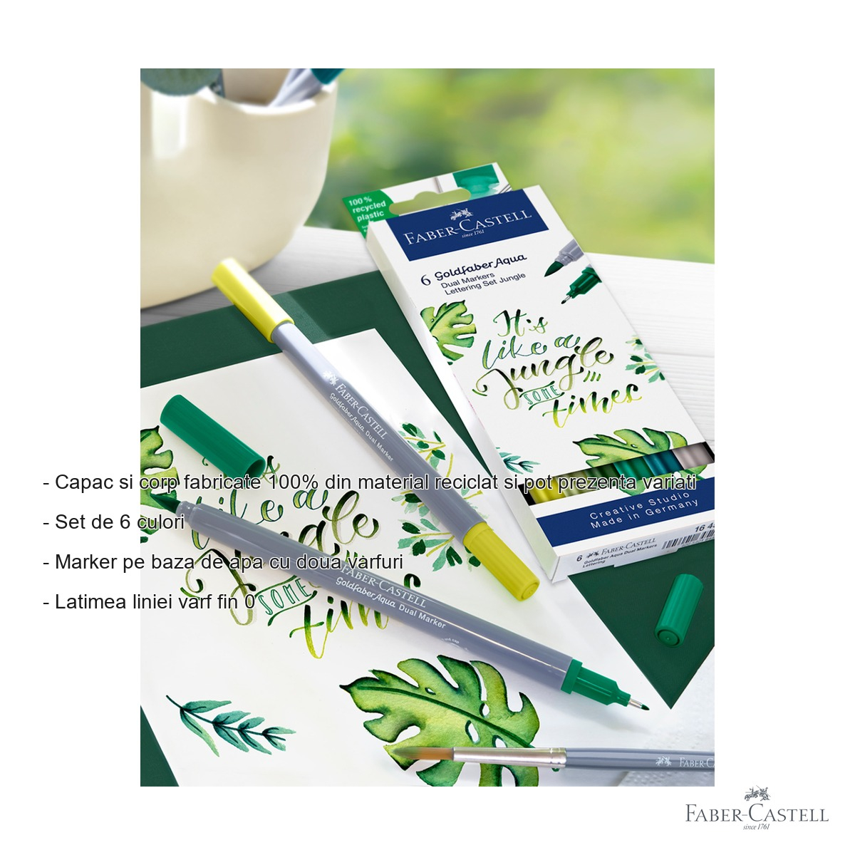 Set 6 markere solubile cu 2 capete Faber-Castell Goldfaber Lettering Jungle, varf pensula si varf fin, pentru desen si caligrafie [2]