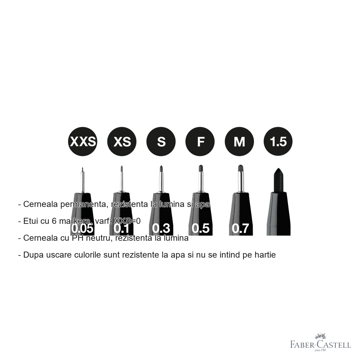 Set 6 markere tehnice Faber-Castell Pitt Artist Pen, cerneala permanenta rezistenta la apa, pentru desen si ilustratie [2]