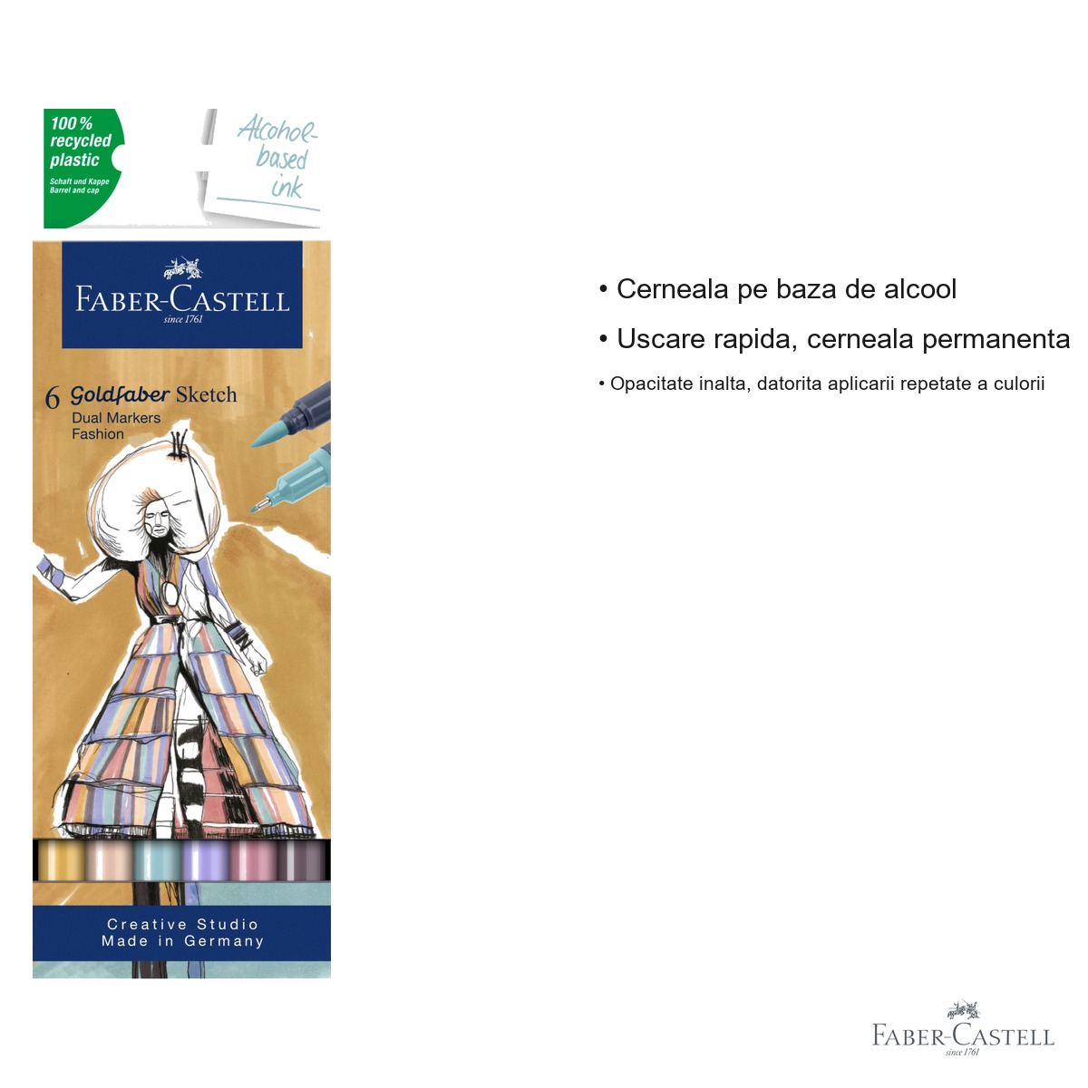 Set 6 sketch markere Faber-Castell Goldfaber, 2 capete (pensula + fineliner), culori fashion pentru desen si design [3]