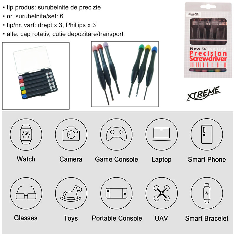 Set 6 surubelnite de precizie cu cap rotativ, Xtreme 00577, cutie depozitare, negre [7]