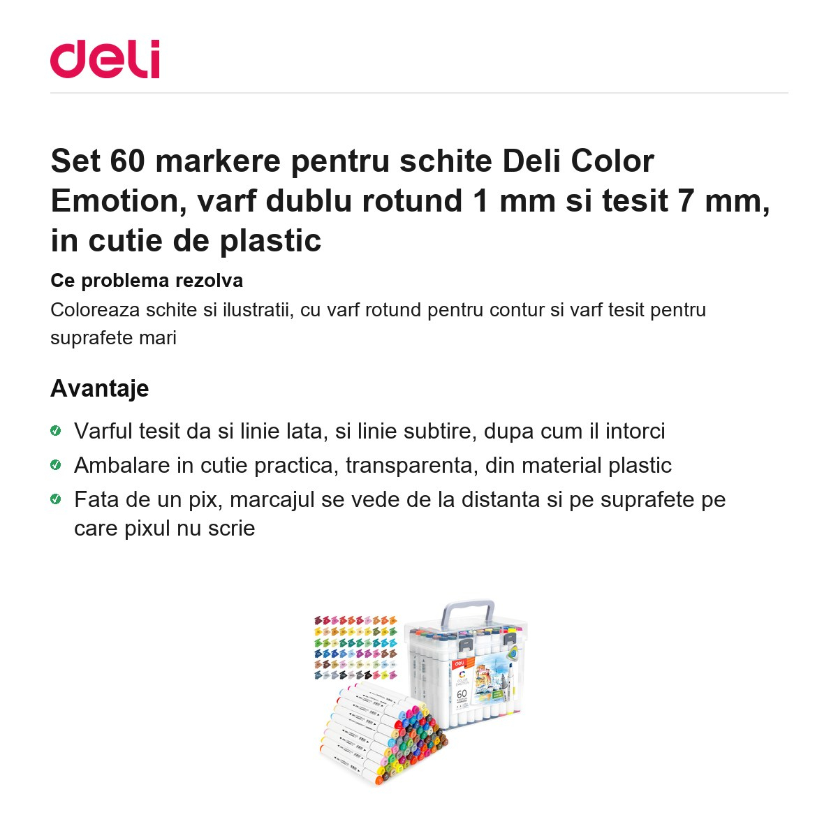 Set 60 markere pentru schite Deli Color Emotion, varf dublu rotund 1 mm si tesit 7 mm, in cutie de plastic [2]