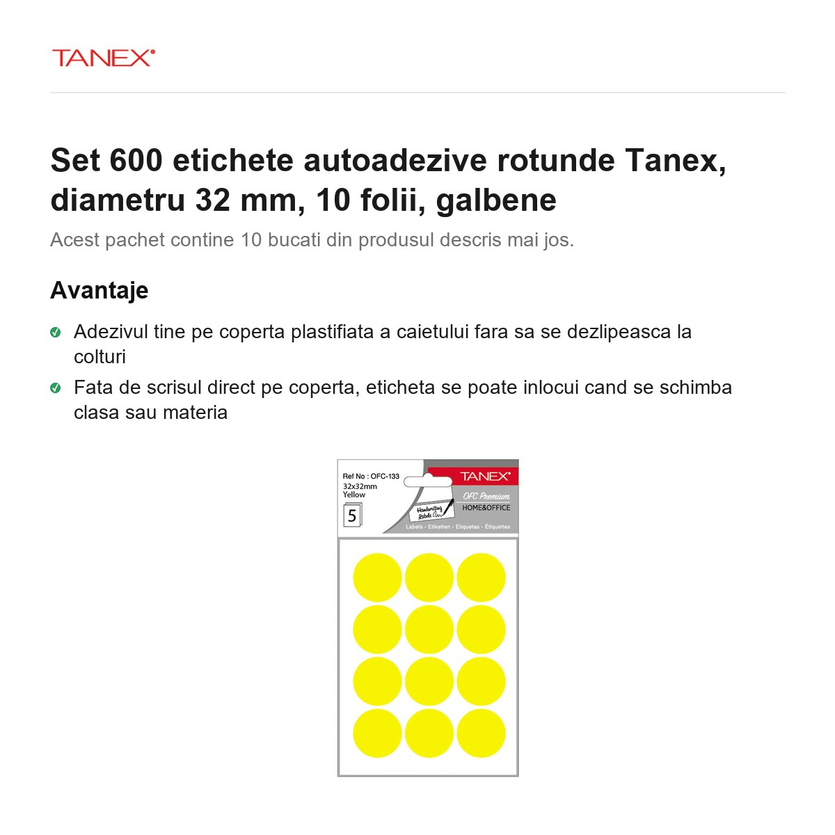 Set 600 etichete autoadezive rotunde Tanex, diametru 32 mm, 10 seturi, galbene [2]