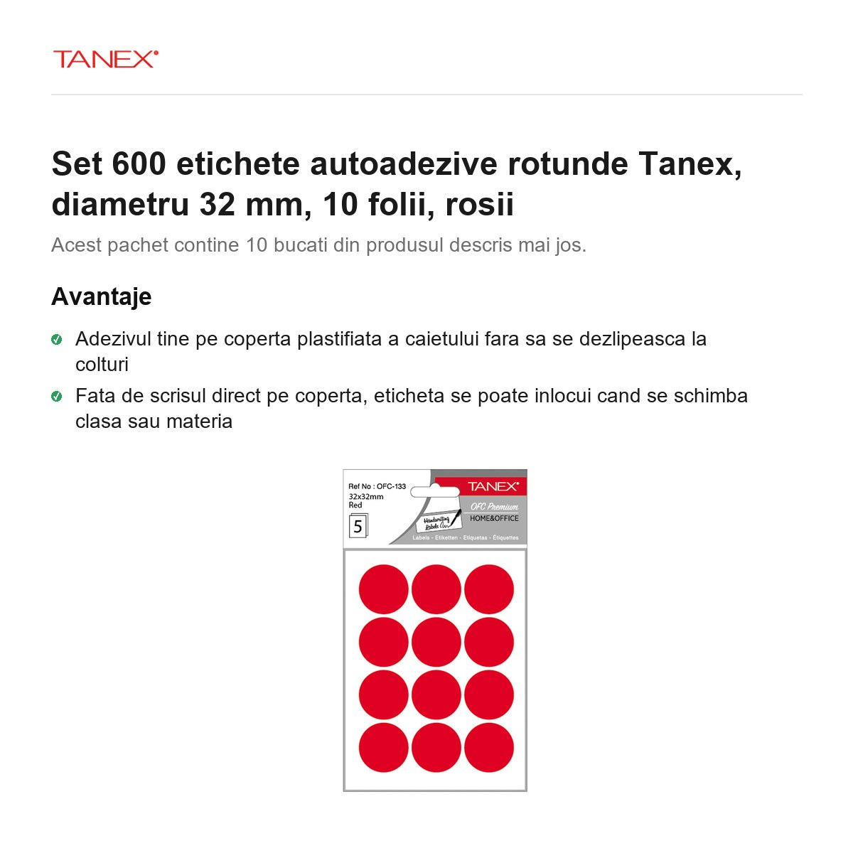 Set 600 etichete autoadezive rotunde Tanex, diametru 32 mm, 10 seturi, rosii [2]