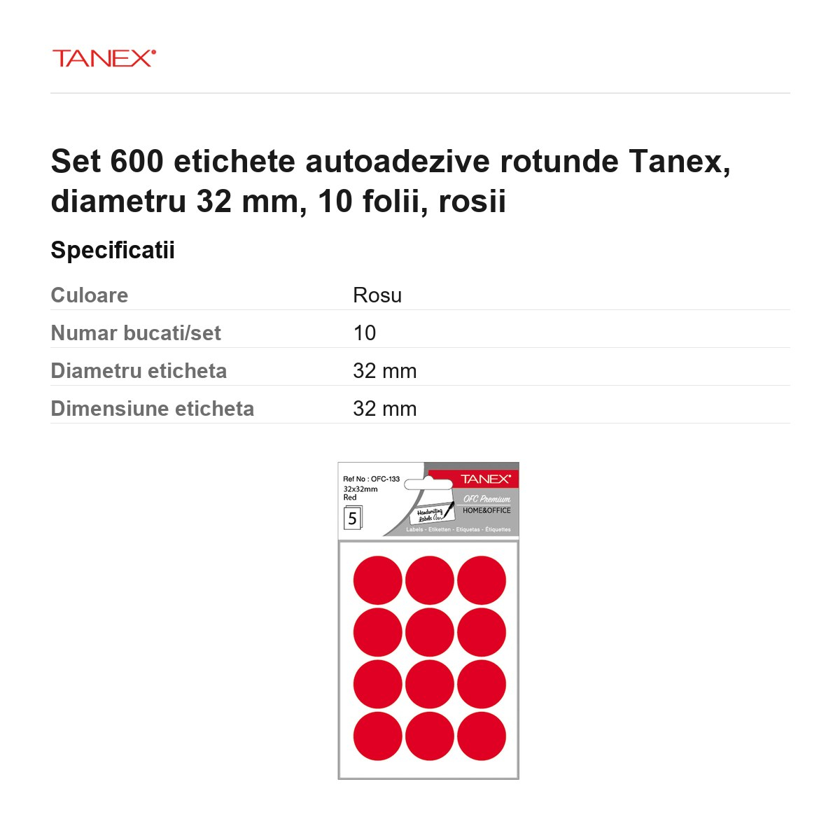 Set 600 etichete autoadezive rotunde Tanex, diametru 32 mm, 10 seturi, rosii [3]