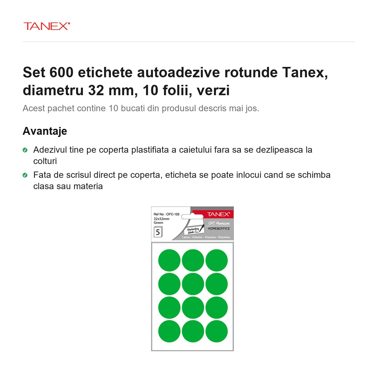 Set 600 etichete autoadezive rotunde Tanex, diametru 32 mm, 10 seturi, verzi [2]