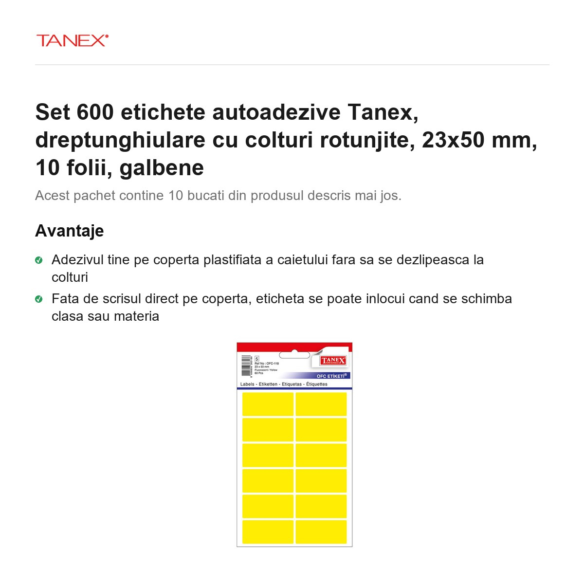 Set 600 etichete autoadezive Tanex, dreptunghiulare cu colturi rotunjite, 23x50 mm, 10 seturi, galbene [2]