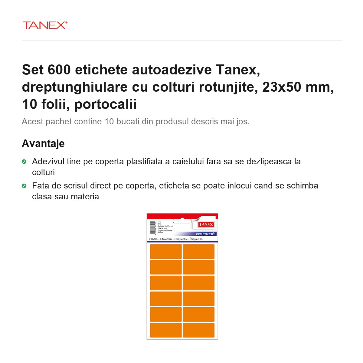 Set 600 etichete autoadezive Tanex, dreptunghiulare cu colturi rotunjite, 23x50 mm, 10 seturi, portocalii [2]