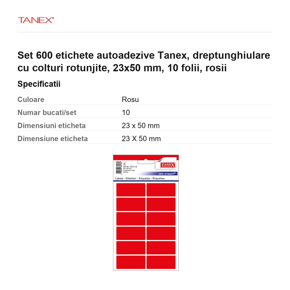 Set 600 etichete autoadezive Tanex, dreptunghiulare cu colturi rotunjite, 23x50 mm, 10 seturi, rosii [3]