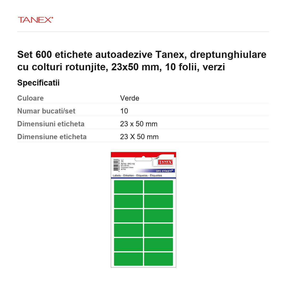 Set 600 etichete autoadezive Tanex, dreptunghiulare cu colturi rotunjite, 23x50 mm, 10 seturi, verzi [3]