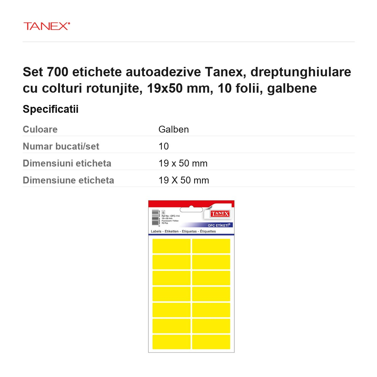 Set 700 etichete autoadezive Tanex, dreptunghiulare cu colturi rotunjite, 19x50 mm, 10 seturi, galbene [3]