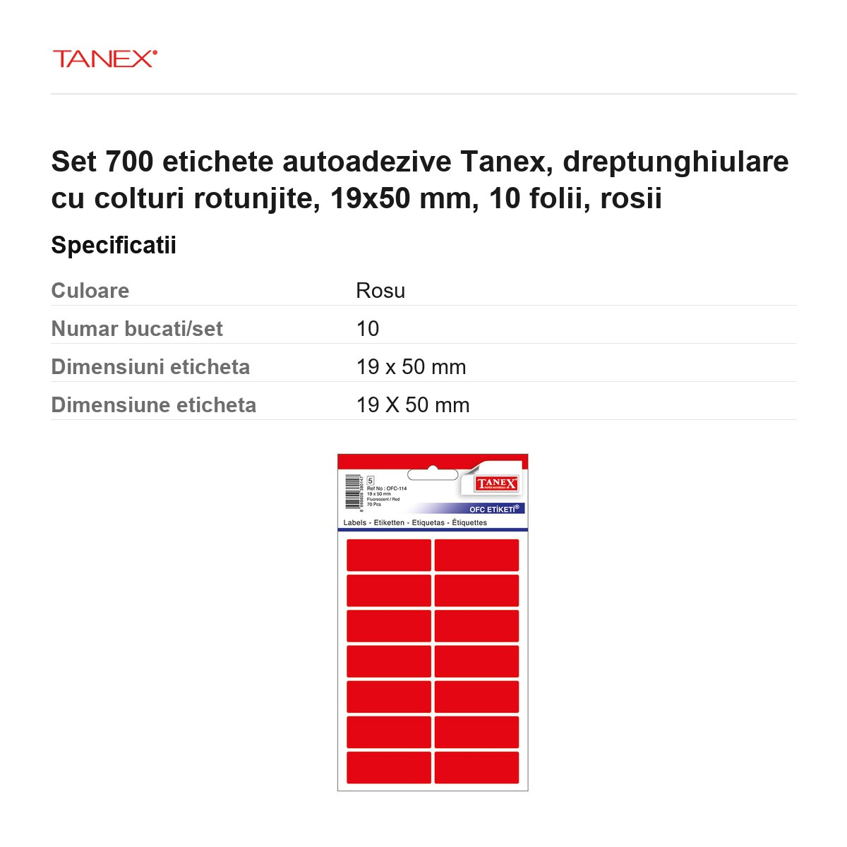 Set 700 etichete autoadezive Tanex, dreptunghiulare cu colturi rotunjite, 19x50 mm, 10 seturi, rosii [3]