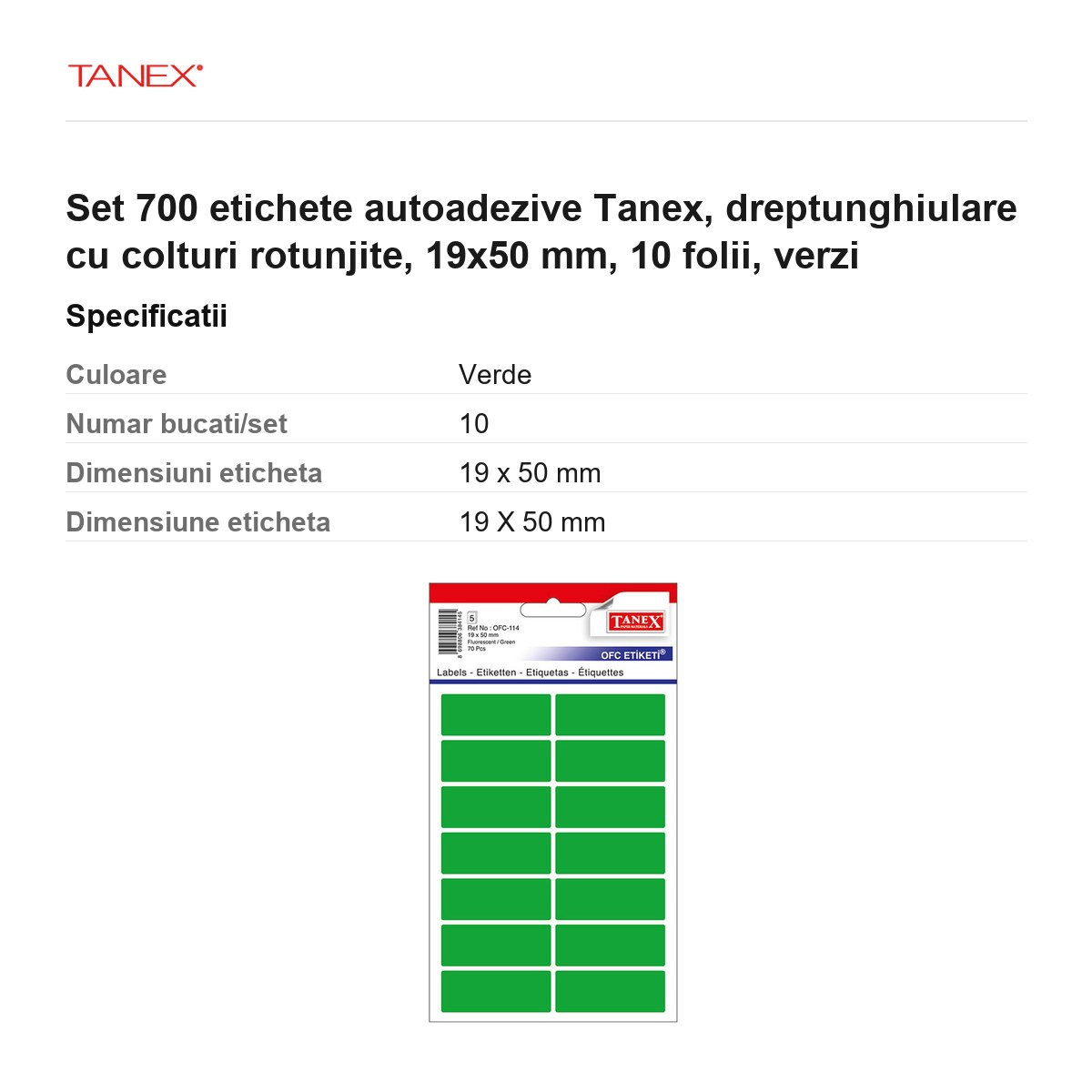 Set 700 etichete autoadezive Tanex, dreptunghiulare cu colturi rotunjite, 19x50 mm, 10 seturi, verzi [3]