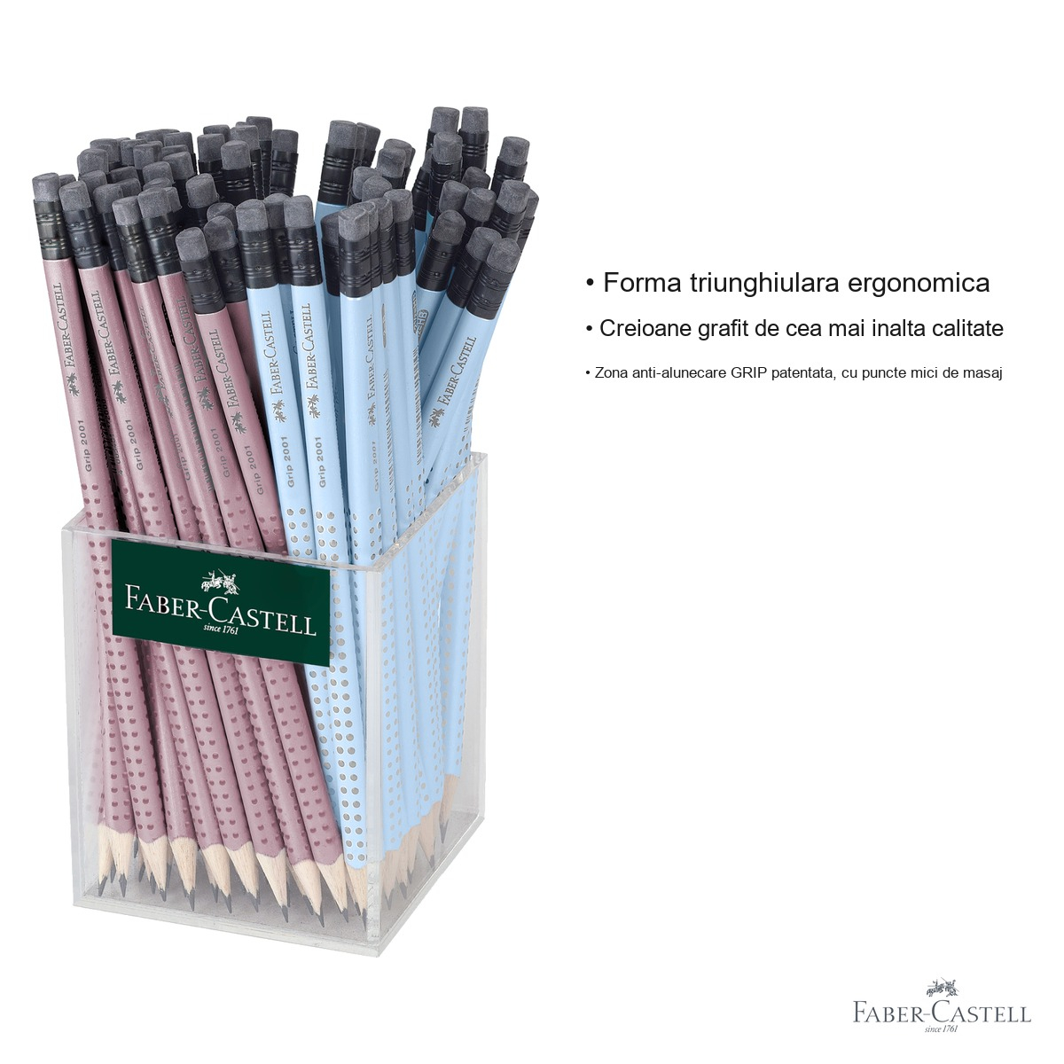 Set 72 creioane grafit Faber-Castell Grip 2001 HB cu guma, forma ergonomica triunghiulara, roz si albastru [5]