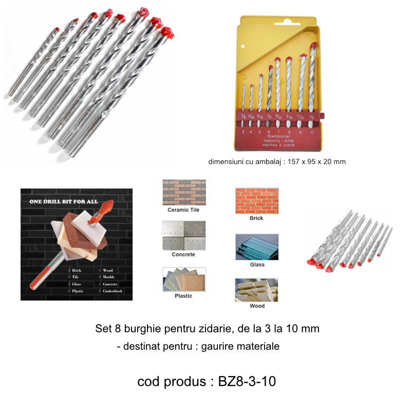 Set 8 burghie pentru zidarie, cu varf triunghiular, de la 3 la 10 mm, 30690 [4]