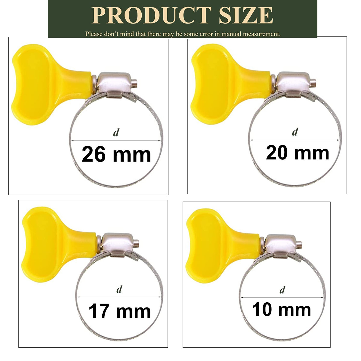 Set 8 cleme fixare metalice cu maner, 4 marimi, pentru tevi si furtun, reglabile, galbene [2]