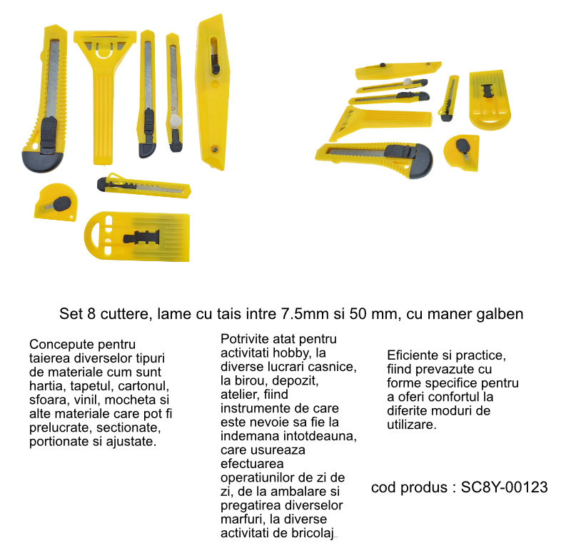 Set 8 cuttere, lame cu tais intre 7.5mm si 50 mm, cu maner galben [9]